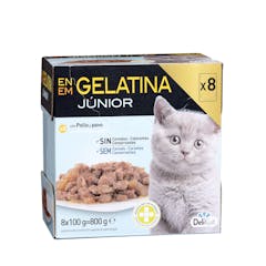 Bocaditos en gelatina gato júnior Delikuit con pollo y pavo