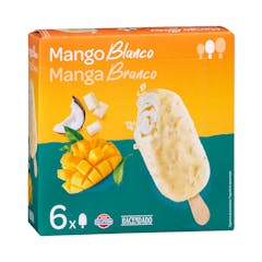 Helado bombón mango blanco Hacendado con salsa de mango