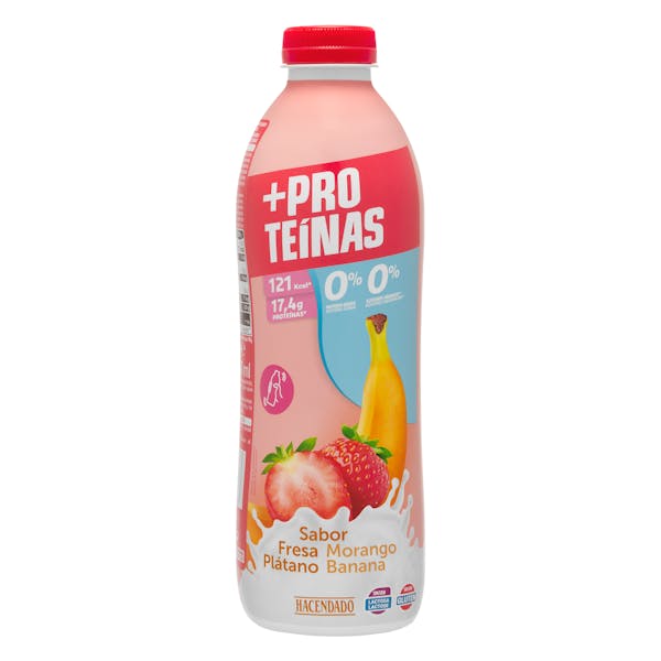 Bebida láctea sabor fresa y plátano +Proteínas Hacendado 0% MG 0% azúcares añadidos 17,4 g proteínas