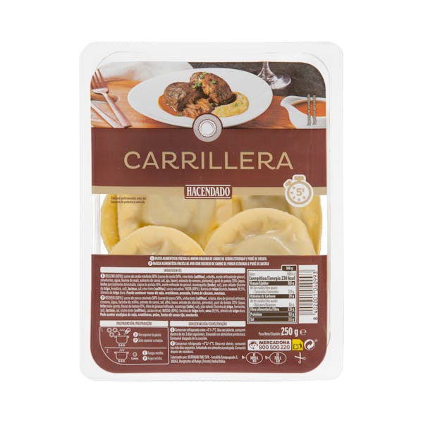 Pasta fresca girasoles rellena de carrillera y puré de patata Hacendado