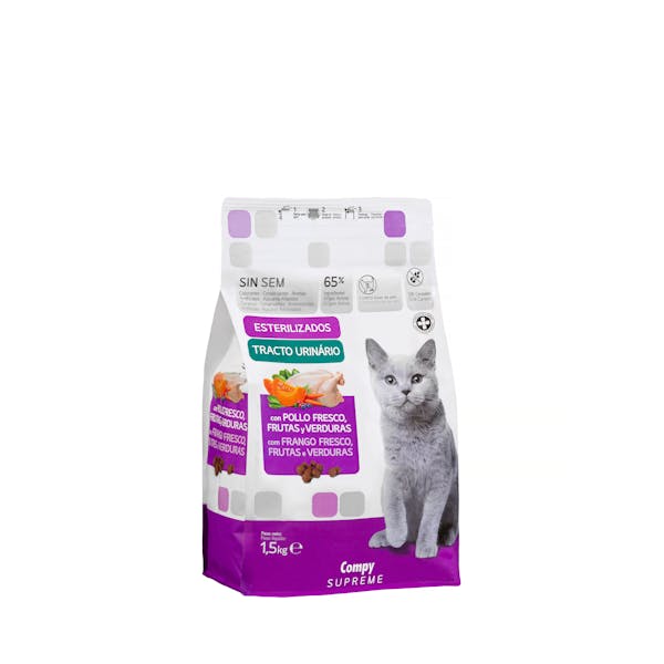 Comida gato adulto esterilizado Supreme Compy con pollo fresco, frutas y verduras