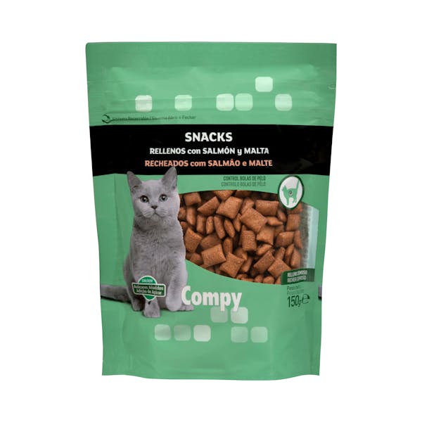 Snacks gato rellenos con salmón y malta Compy
