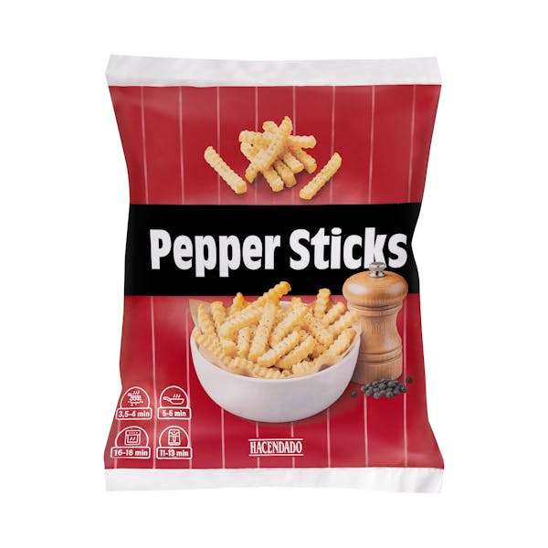 Patatas prefritas Pepper Sticks Hacendado rebozadas con sal y pimienta