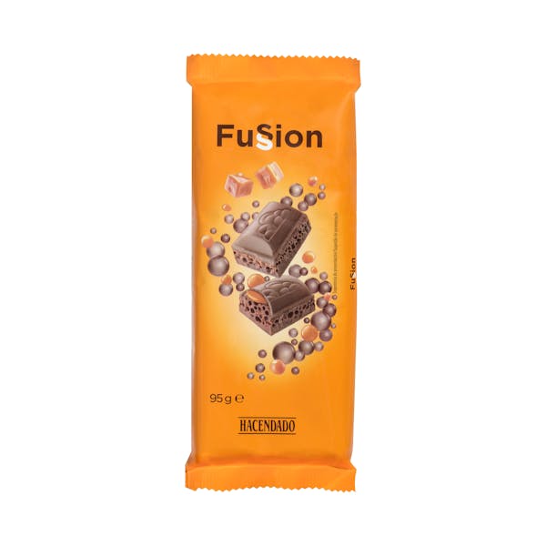 Chocolate con leche Fussion Hacendado relleno de caramelo con leche aireado