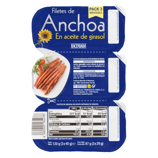 Filetes de anchoa en aceite de girasol Hacendado