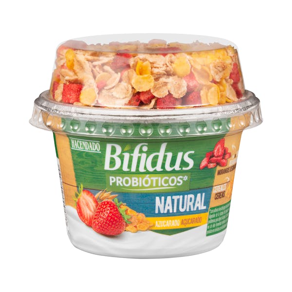 Bífidus natural azucarado probióticos Hacendado con cereales y fresas deshidratadas