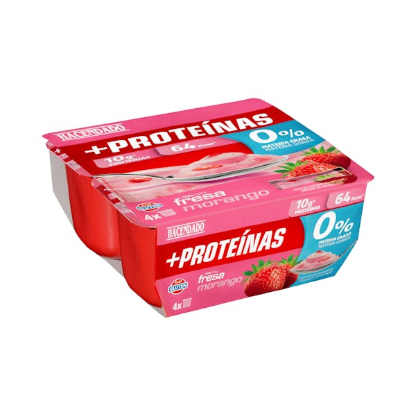 Postre lácteo con fresa +Proteínas Hacendado 0% MG 10 g proteínas