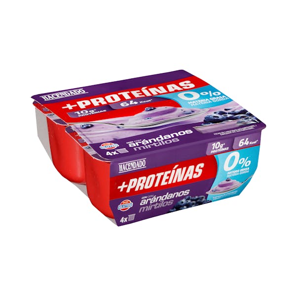 Postre lácteo con arándanos +Proteínas Hacendado 0% MG 10 g proteínas