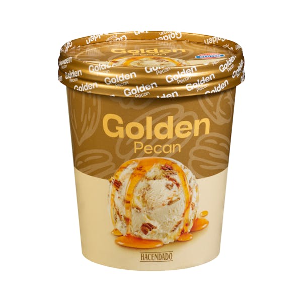 Helado golden pecan Hacendado sabor vainilla con trozos de nueces de pecán, salsa dulce de arce y caramelo