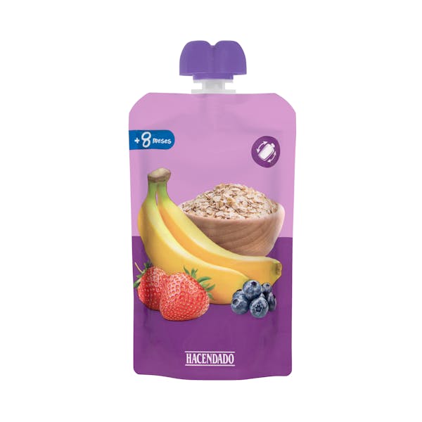 Bolsita puré plátano, fresa, arándanos y avena Hacendado +8 meses