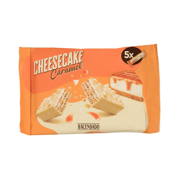 Barritas de barquillo Cheesecake Caramel Hacendado con cobertura blanca y relleno sabor cheesecake