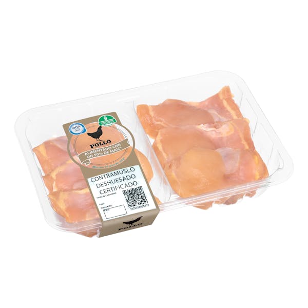 Contramuslos deshuesados y sin piel de pollo certificado alimentado con un 50% de maíz