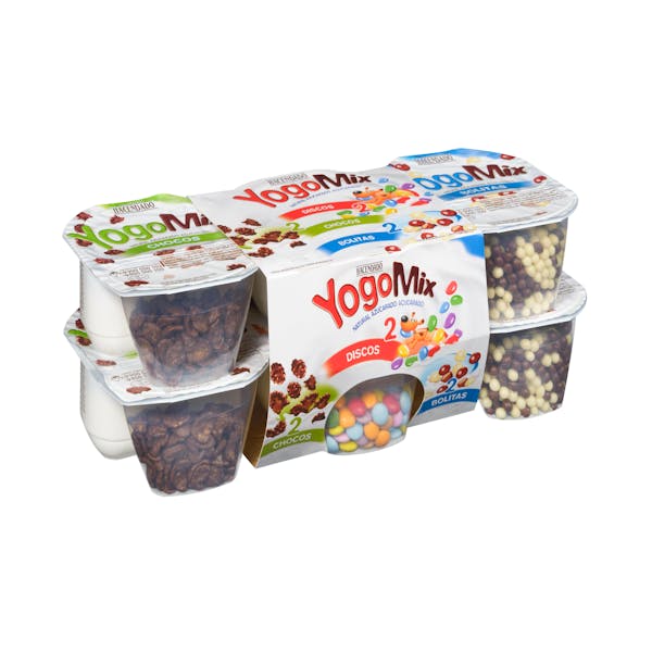 Yogur azucarado YogoMix Hacendado variado de copos maíz, bolitas y disquitos chocolateados