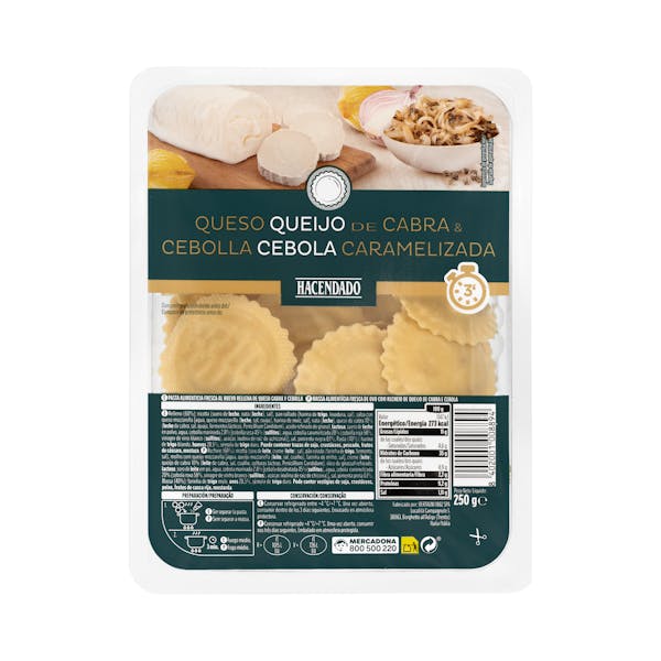 Pasta fresca girasoles rellena de queso de cabra y cebolla caramelizada Hacendado