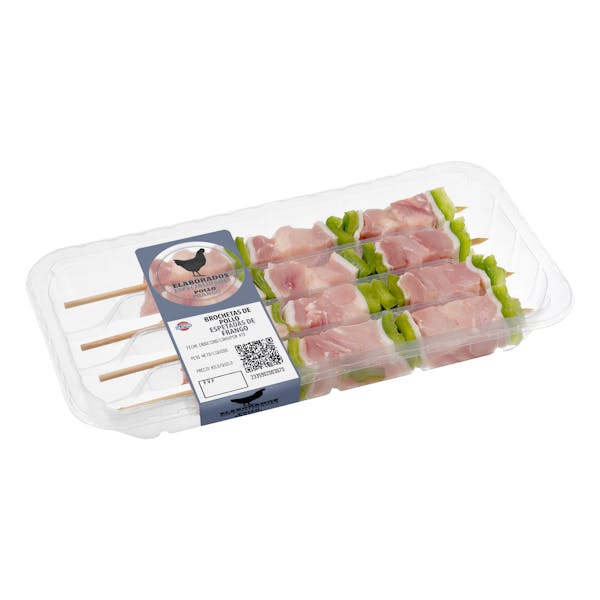 Brochetas de pollo, pimiento verde y tocino de cerdo con varilla