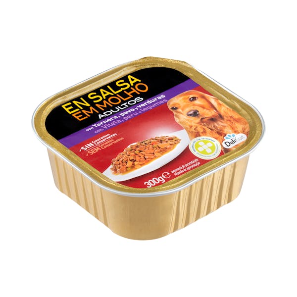 Trozos en salsa perro adulto Delikuit con ternera, pavo y verduras