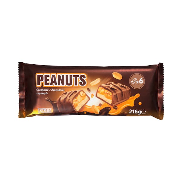 Barritas Peanuts Hacendado bañadas de chocolate con leche y rellenas con caramelo, cacahuetes tostados y crema azucarada