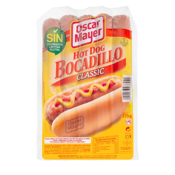 Salchichas cocidas hot dog bocadillo Oscar Mayer Classic de pollo y cerdo sabor ahumado