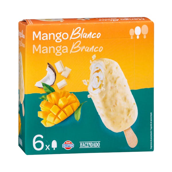 Helado bombón mango blanco Hacendado con salsa de mango