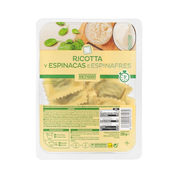 Pasta fresca ravioli rellena de ricotta y espinacas Hacendado
