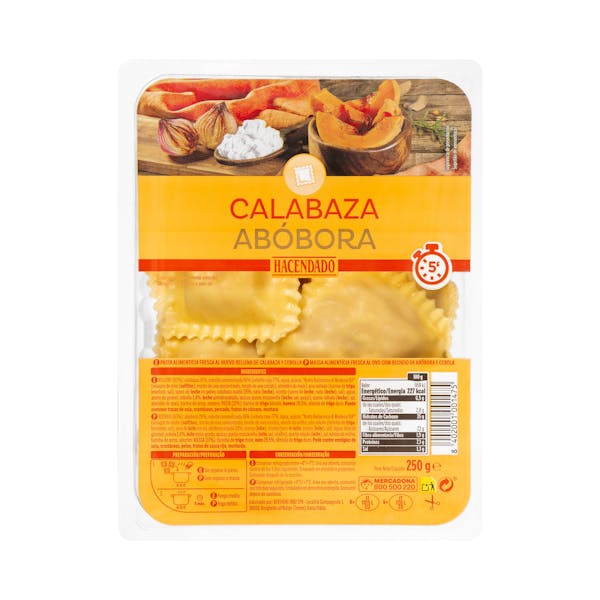 Pasta fresca ravioli rellena de calabaza con cebolla Hacendado