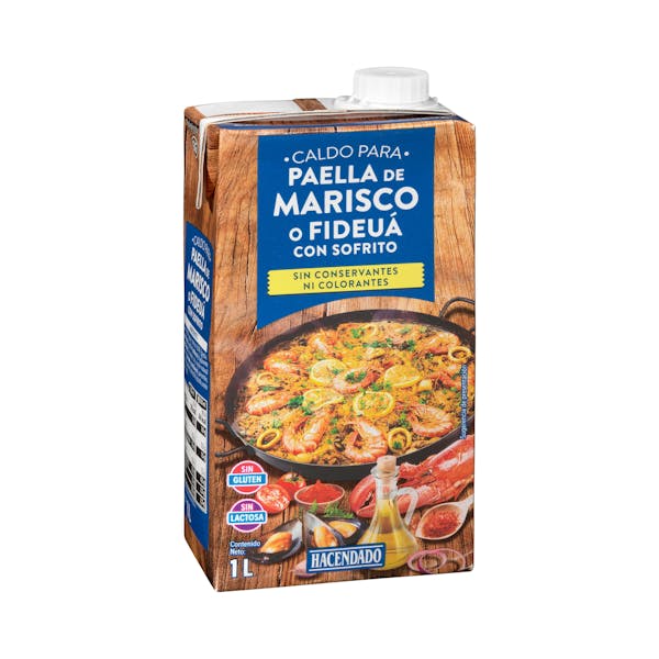 Caldo de marisco o fideuá para paella Hacendado con sofrito